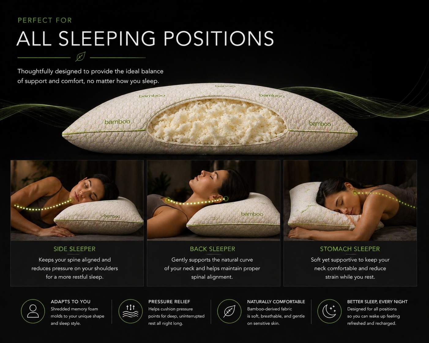 Bamboo Pillow | Hypoallergenic Anti Allergy Memory Foam Sensitive Skin Pillow