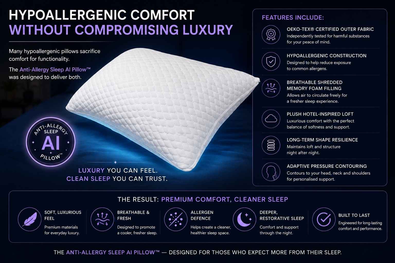Hypoallergenic Oeko Tex certified anti allergy pillow 